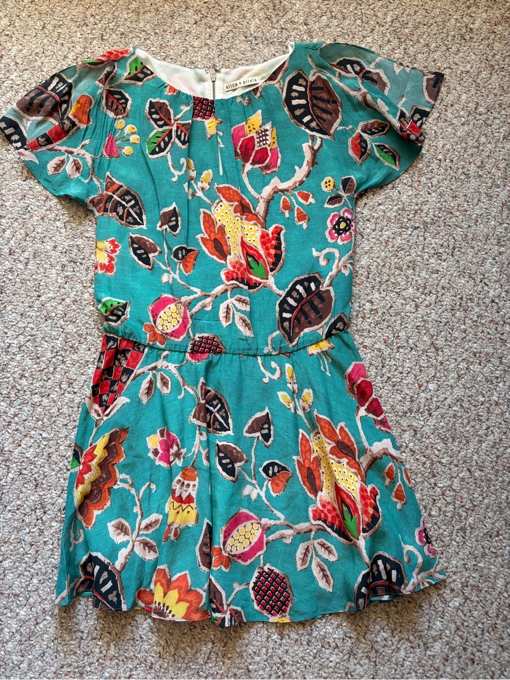 Alice + Olivia silk blue floral shift dress drop waist women size 2 short sleeve